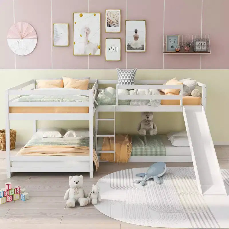 L-förmiges Etagenbett für 4 Kinder, Vierfach-Etagenbett mit Rutsche, Voll- und Twin-Holzrahmen für Schlafzimmer/Wohnheim