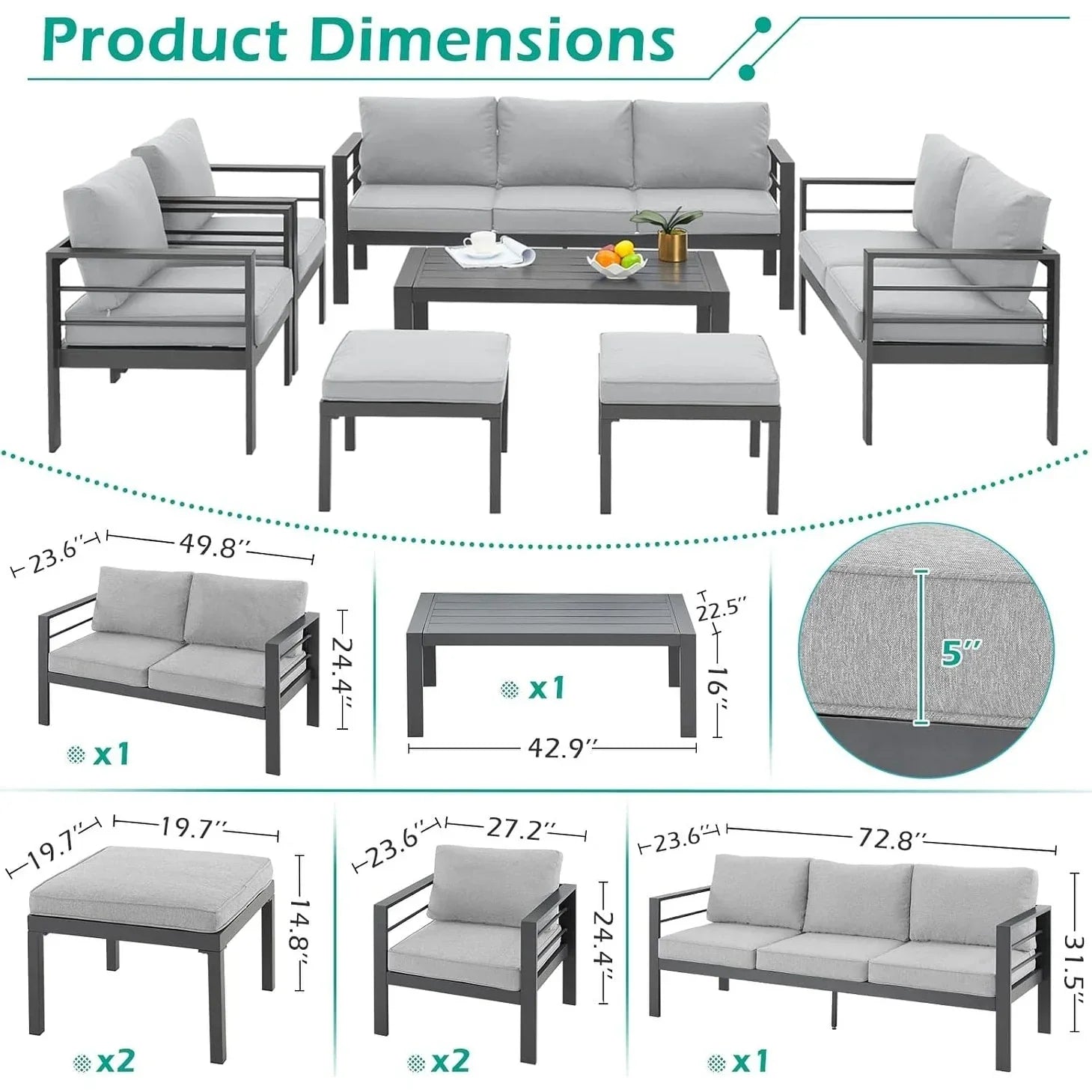 AECOJOY 7-teiliges Aluminium-Terrassenmöbel-Set Outdoor-Gesprächsgarnitur