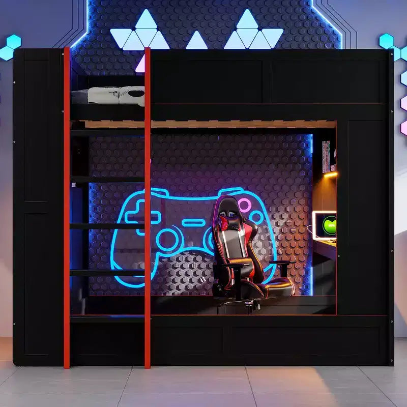 Holz-Gaming-Etagenbett in voller Größe mit integriertem Schreibtisch, Ablageregalen, 7-farbiger LED-Beleuchtung und Ladestation, Schwarz - ModernLuxe