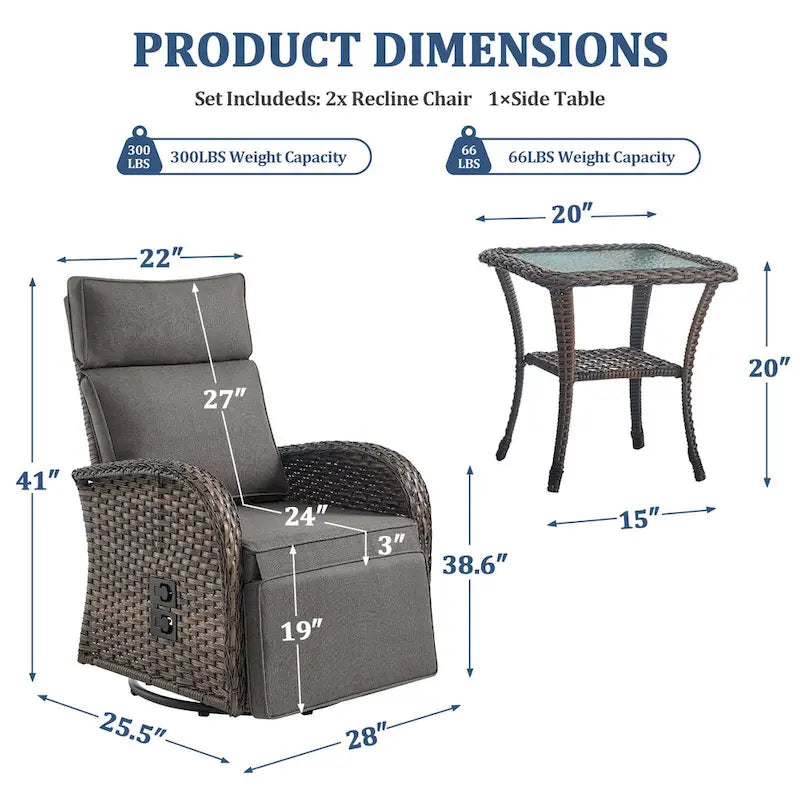 Pocassy 3-teilige vielseitige Outdoor-Liegestühle mit Beistelltisch und grauen Polstern