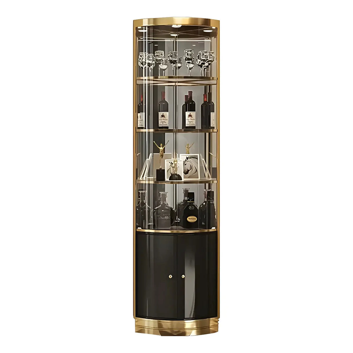 Glam Glossy Glas Gold Metall Abgerundete Display-Eckvitrine