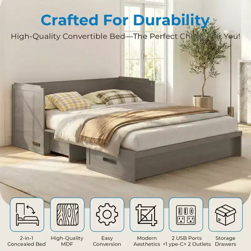 Mjkone Queen-Size-Schrankbett mit Matratze, USB-Ladeanschluss und Aufbewahrungsschubladen