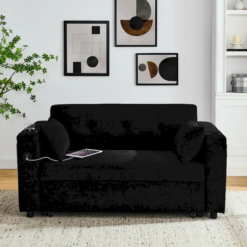 54 Schlafsofa zum Ausziehen, 2-Sitzer-Schlafsofa mit Stauraum, Lendenkissen, USB-Steckdose