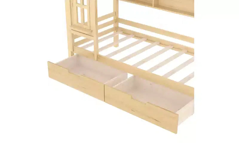 Haus-Plattformbett mit Aufbewahrungsschubladen und Fenster, Massivholzrahmen mit Regalen, kindgerechtes, lustiges Design, Hellweiß