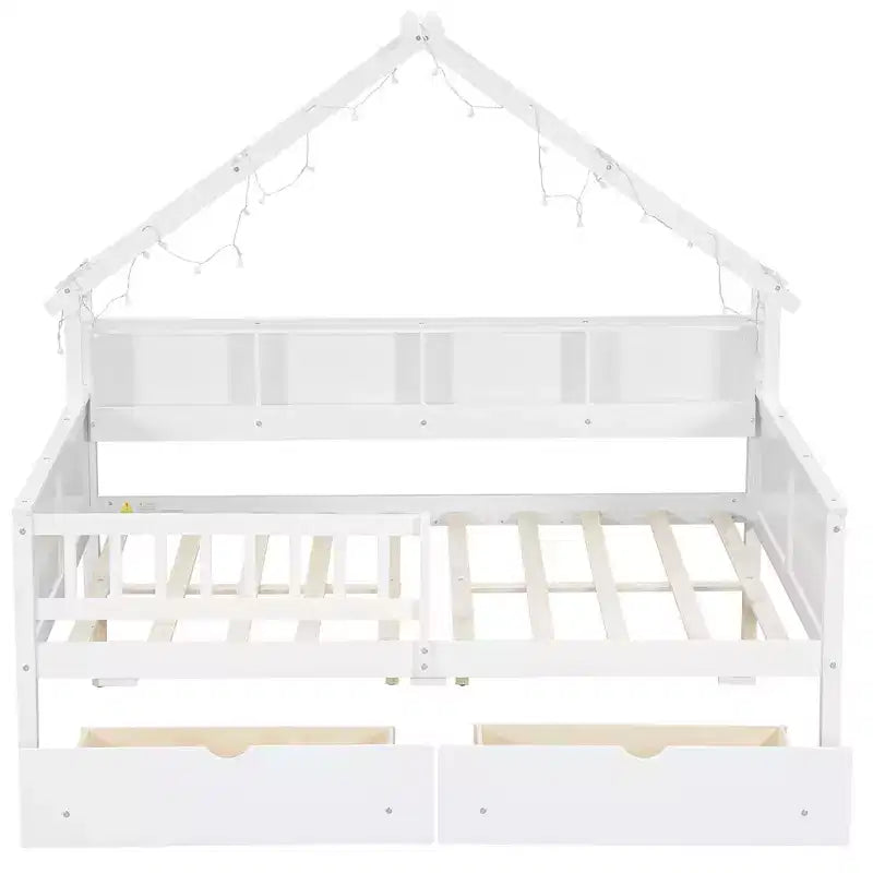 Hausbettgestell in voller Größe mit Schubladen, Haus-Plattformbett mit LED-Beleuchtung, Ablagefächern und Schubladen, Tagesbett aus Holz mit Dach und Geländer