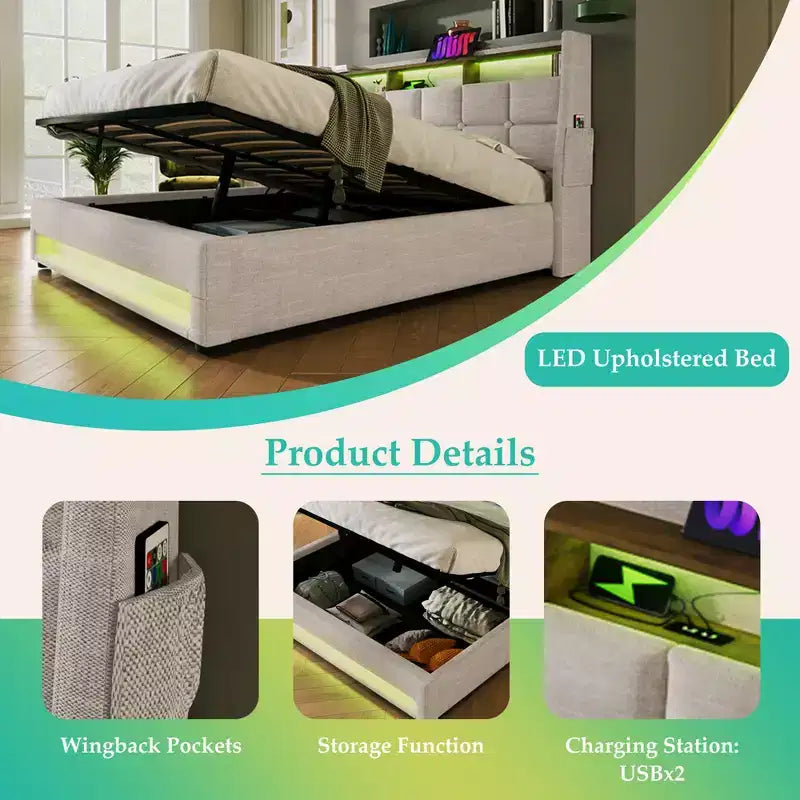 Queensize-Bett mit hydraulischem Stauraum, LED, USB, gepolstertem Kopfteil, kein Boxspringbett, einfache Montage