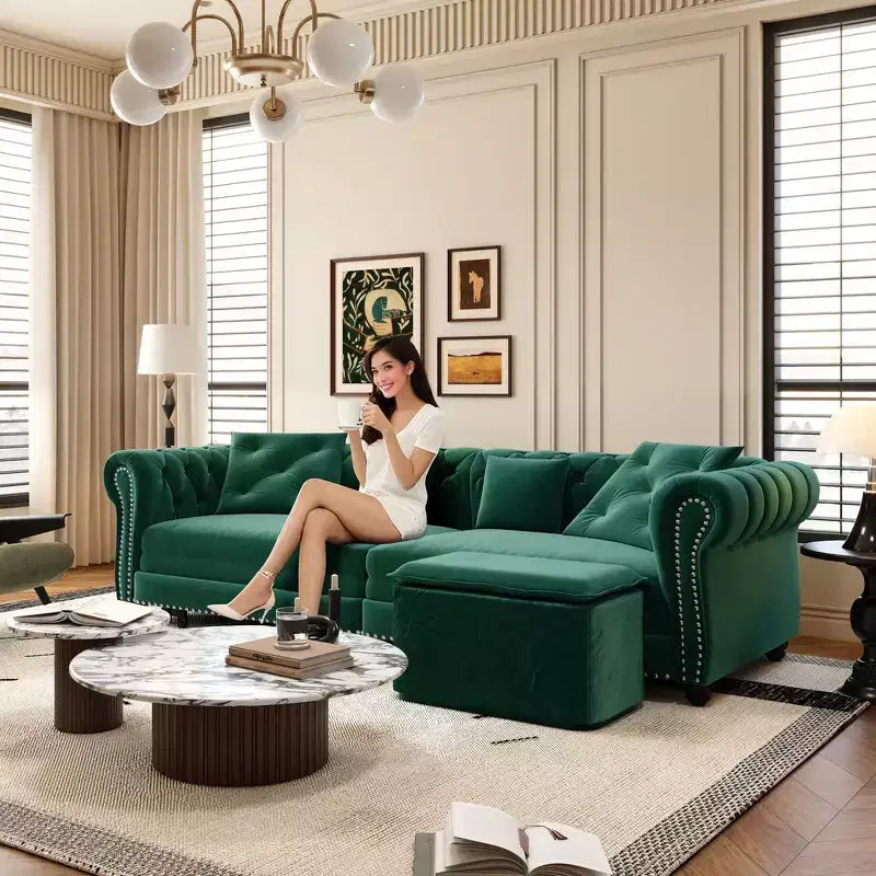 Whisen Velvet 3-in-1 Schlafsofa und wandelbares Schlafsofa im Kingsize-Format mit ausziehbarem Ottomane, getuftetem Design