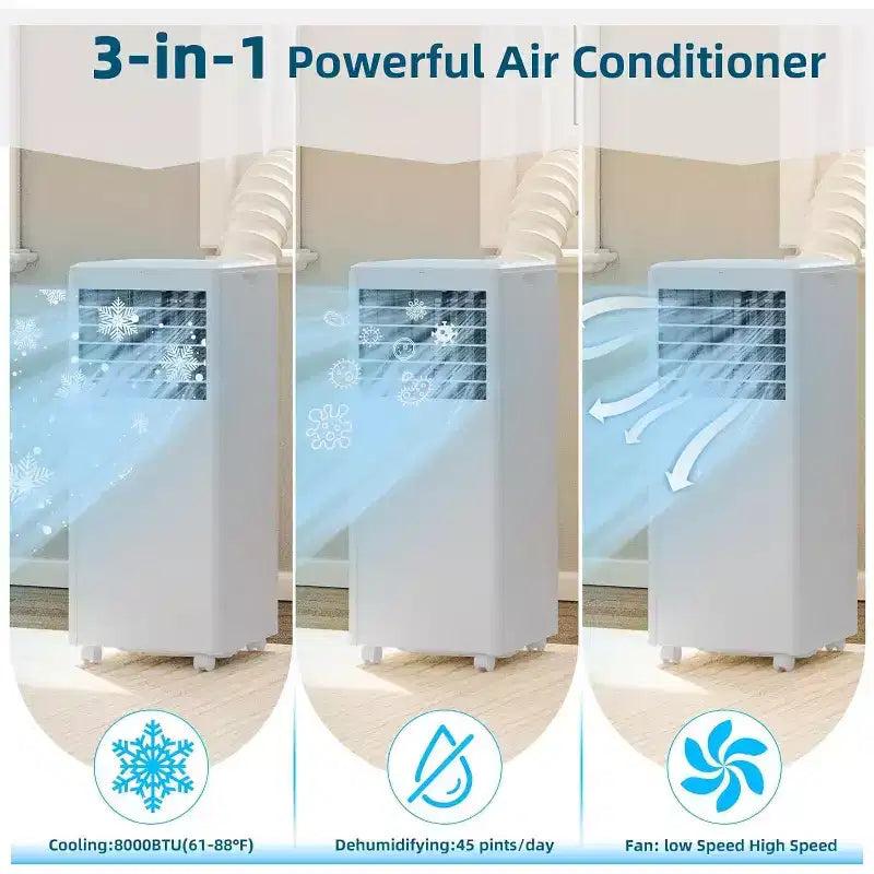8.000 BTU mobile Klimaanlage – 3-in-1 Kühlung, Entfeuchter & Ventilator für 32 m² mit Schlafmodus & 1 Jahr Garantie