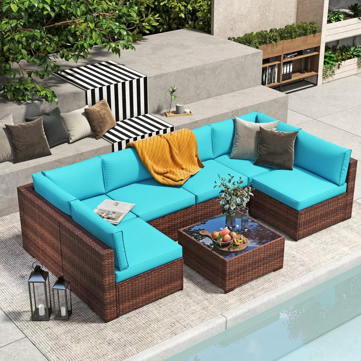 7-teiliges Outdoor-Sofa-Set aus Korbweide/Stahl mit Polstern