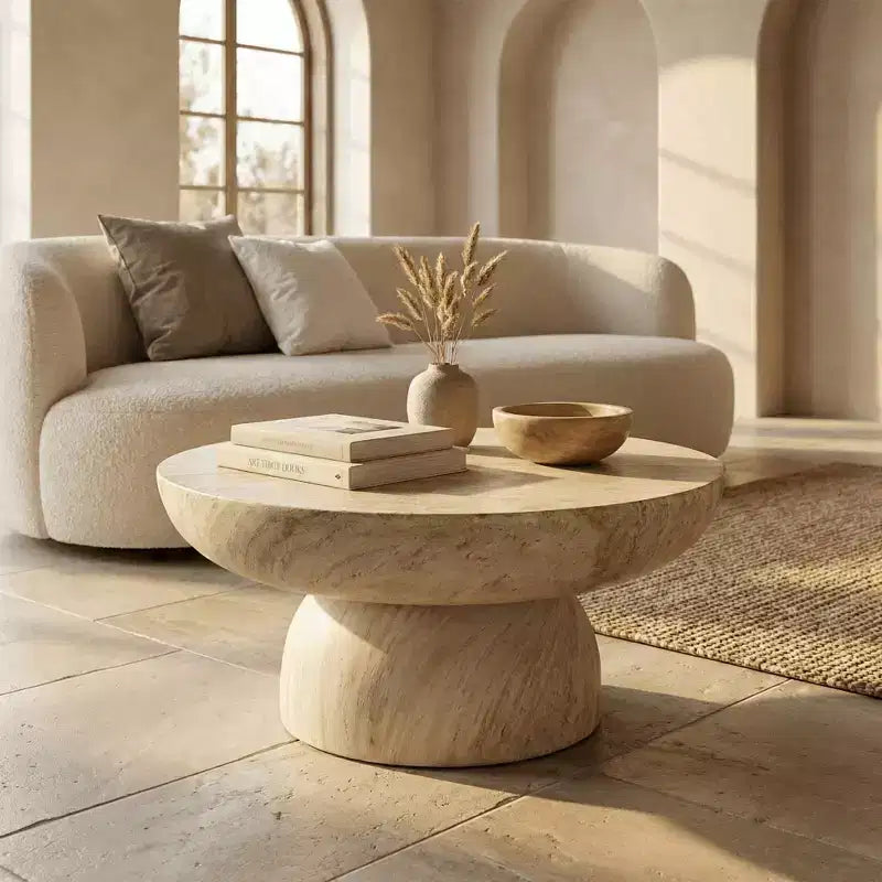 LeisureMod Lunexa Runder Couchtisch Fiberstone-Sockel Beistelltisch für den Innen- oder Außenbereich, geformtes Design mit rutschfesten Fußpolstern