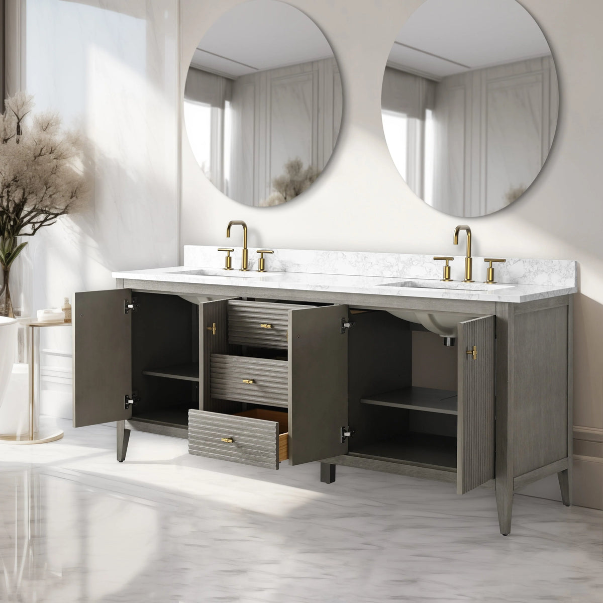 Vanity Art 72 Zoll Badezimmer-Waschtischunterschrank mit Doppelwaschbecken und Kunstmarmorplatte
