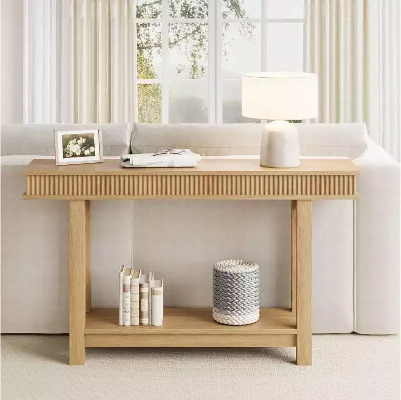 Geriffelter Konsolentisch aus Holz, Bauernhausstil, 2 Etagen mit Ablagefach, rechteckiger schmaler Eingangstisch, hinter dem Sofa, für Foyer, Flur, Wohnzimmer