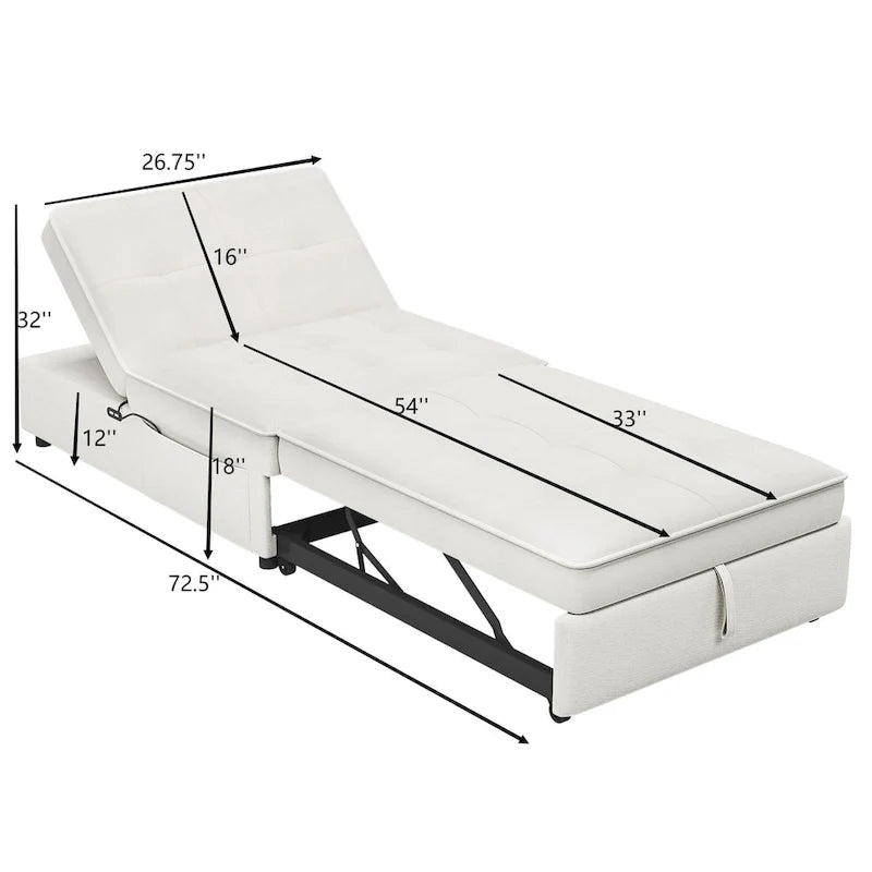 72.5 Leinen 4-in-1 3-Sitzer Schlafsofa mit 5-fach verstellbarer Rückenlehne und Aufbewahrungstasche
