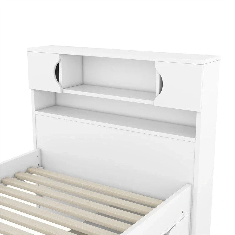 Doppel-/Full Size Captains-Plattformbett mit 4 Schubladen und Ablageflächen, Massivholz-Bettrahmen mit Stauraum-Bücherregal-Kopfteil