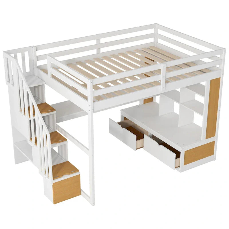Dachbodenbett aus Massivholz (Natur+Weiß) mit Schreibtisch und Schubladen