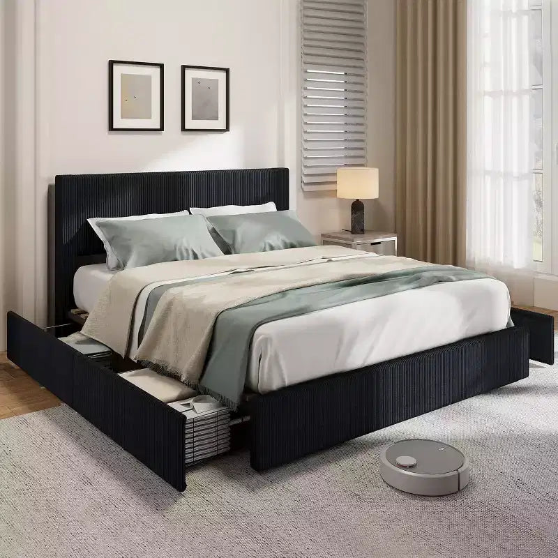 CuisinSmart Corduroy-Bettrahmen mit Kopfteil, gepolsterter Plattform-Bettrahmen mit 4 Schubladen und Holzlattenrostunterstützung