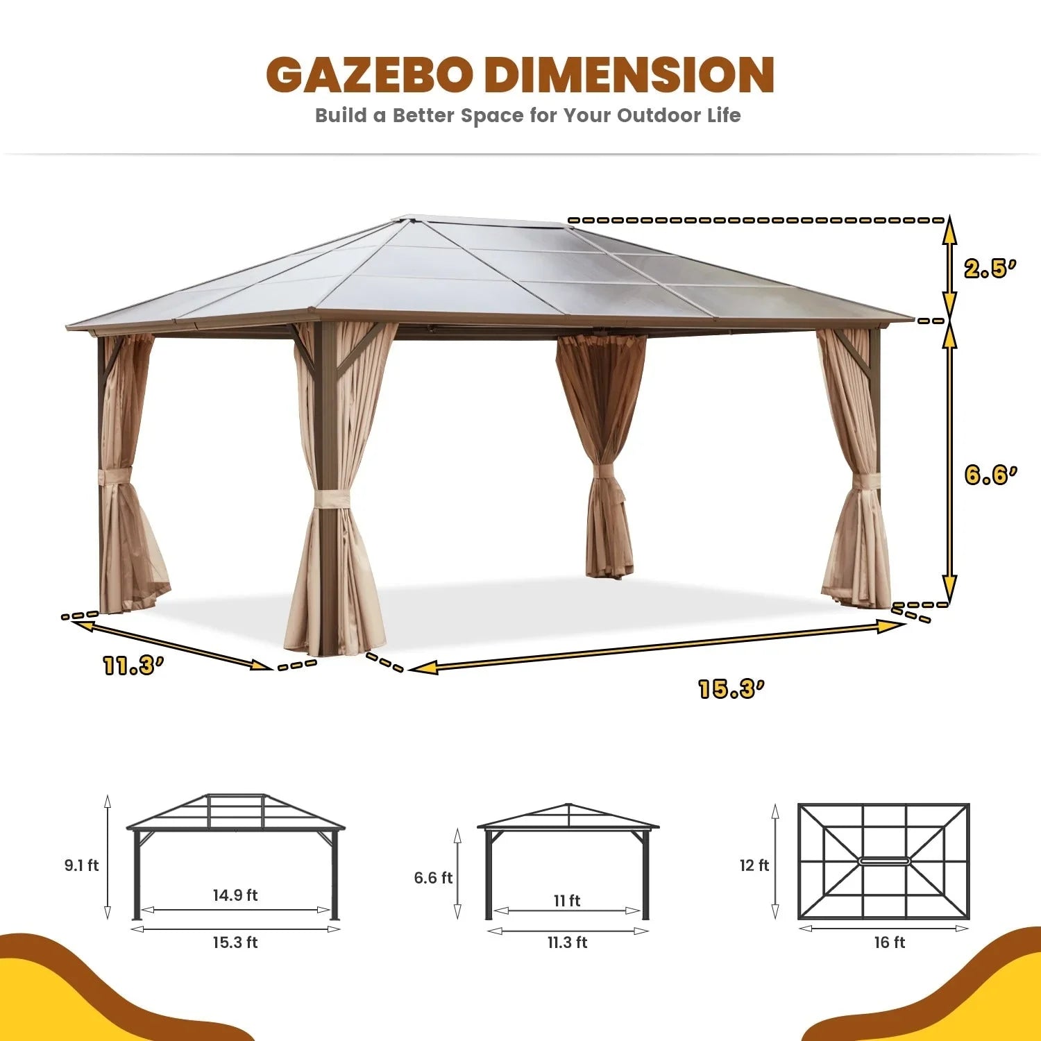 EROMMY Hardtop-Pavillon, Outdoor-Pergola mit Doppeldach & Netzen & Vorhängen, Hochleistungs-Canopy für Terrasse, Garten, Poolparty