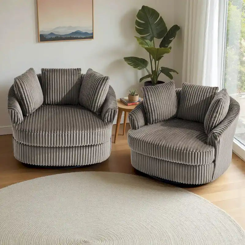 2er-Set übergroßer 43 W Plüsch-Cord-Drehsessel mit Kissen