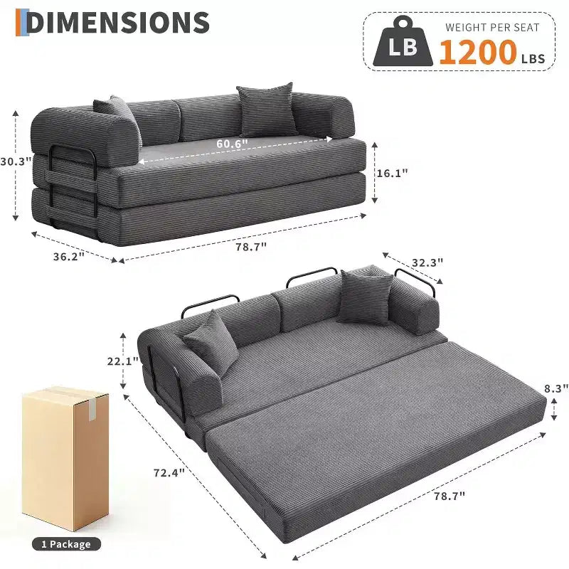 2-in-1 Schlafsofa, bequemes klappbares Cord-Schlafsofa mit tiefer Sitzfläche und breiten Armlehnen, knochenloses Sofa, für Wohnzimmer, Apartments