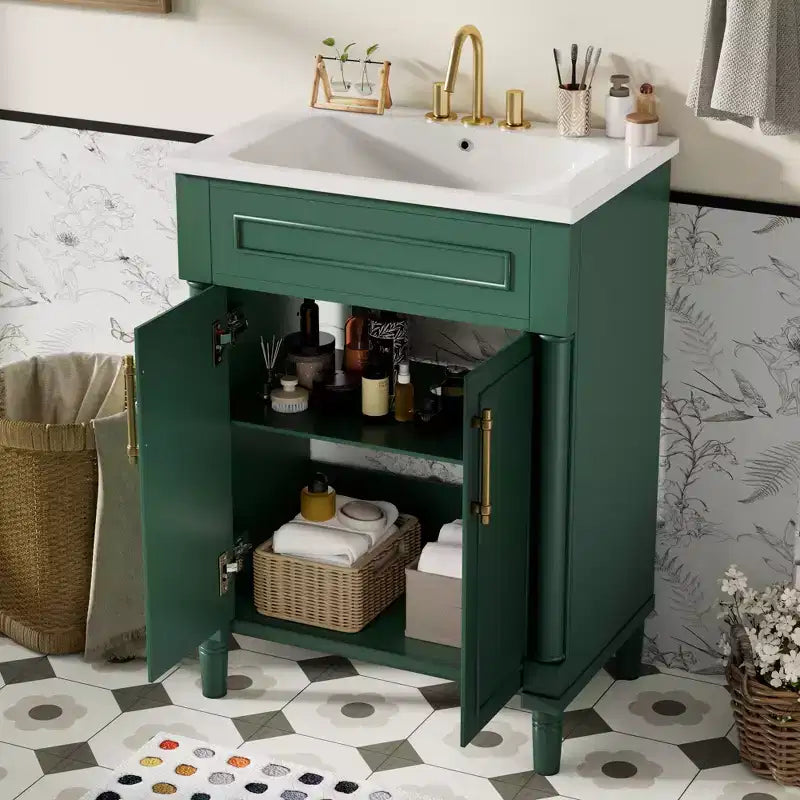 24-Zoll-Badezimmerwaschtisch mit Keramikwaschbecken, Shaker-Schrank, 2 Soft-Close-Türen, Massivholzrahmen für kleines Bad oder Gästetoilette