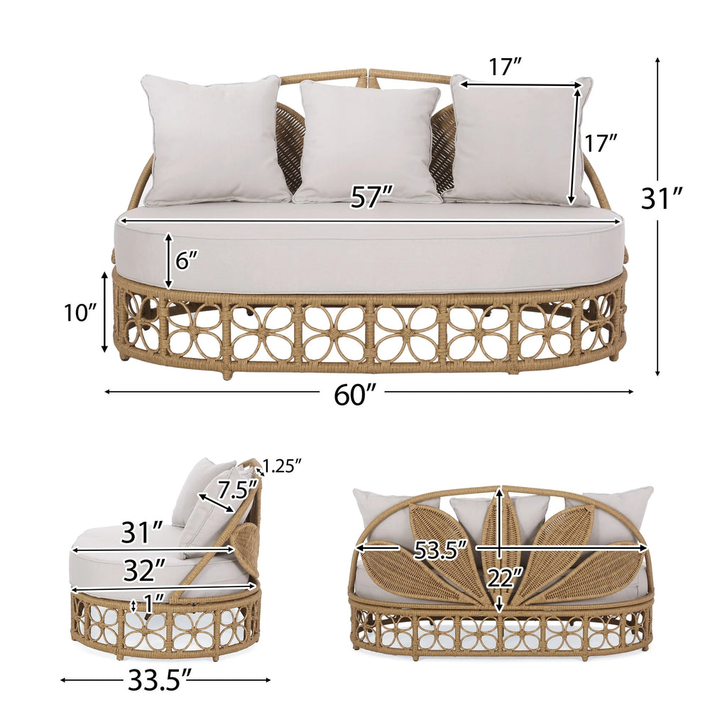 Homan Outdoor-Tagesbett aus Korbgeflecht mit Kissen, Hellbraun und Beige