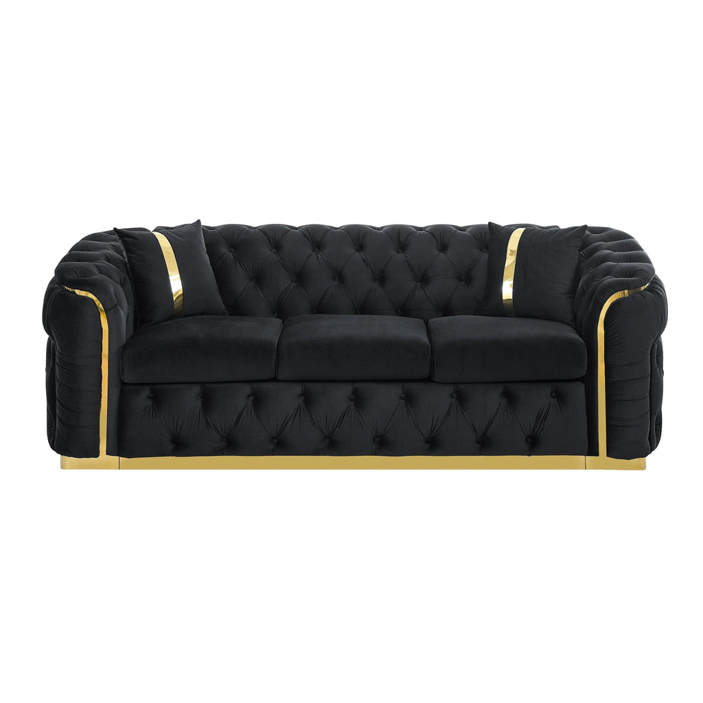 90.6 Samt-Dreisitzer-Sofa mit 2 Kissen, hochdichten Polstern, goldenen Akzenten und Kissen
