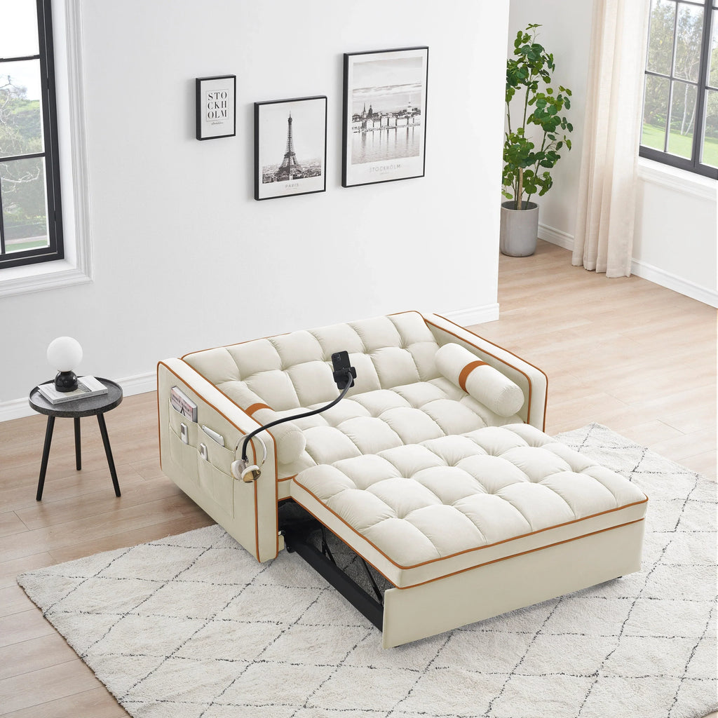Samt-Schlafsofa zum Umbauen, 140 cm, 2-Sitzer, mit Ausziehbett, verstellbarer Rückenlehne, Seitentaschen und Handyhalterung