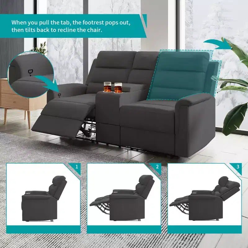 Beige/Graues 2-Sitzer Sofa mit Relaxfunktion aus Tech-Stoff, verstellbare Rückenlehne & Fußstütze