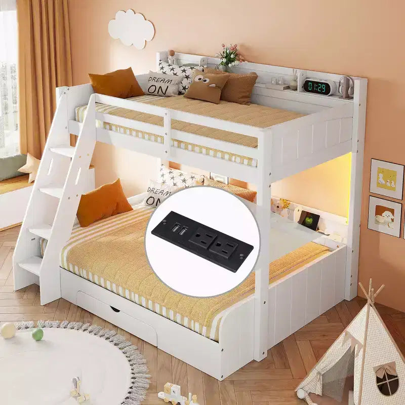 Etagenbett für Geschwister (oben: Twin, unten: Full) mit Stauraum, LED-Beleuchtung und Ladestation, Holzetagenbett mit seitlichen Regalen für Kinder & Jugendliche
