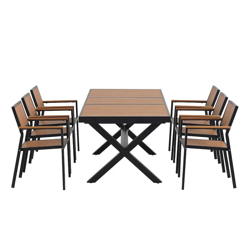 7-teiliges ausziehbares Outdoor-Essgruppe mit Ausziehtisch und 6 Armlehnstühlen