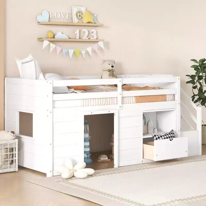 94.6L x 42.3B Massivholz-Hochbett in Twin-Größe mit Treppe, Schublade und Regal, modernes und klares Design