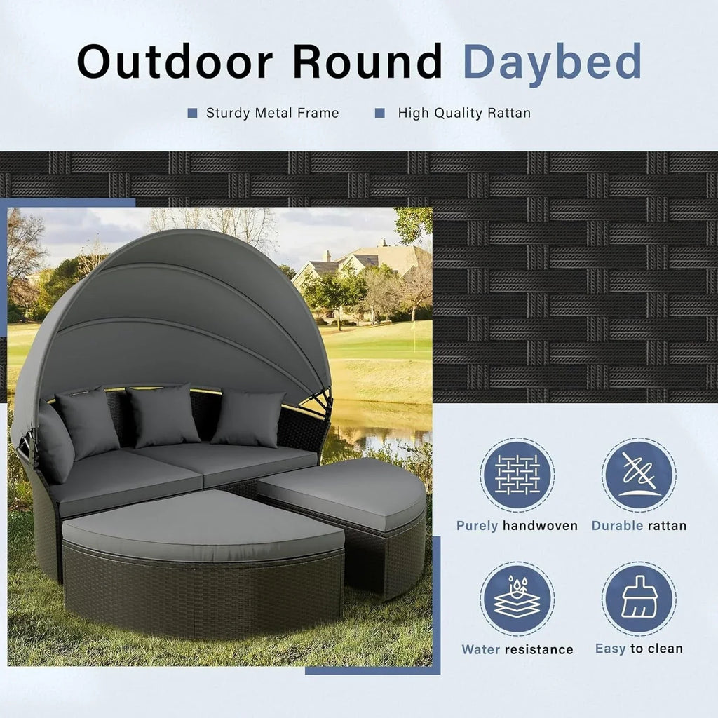 Nuon 4-teilige/5-teilige Outdoor-Garten-Sitzgruppe, Rattan-Tagesbett-Set mit Überdachung von Havenside Home