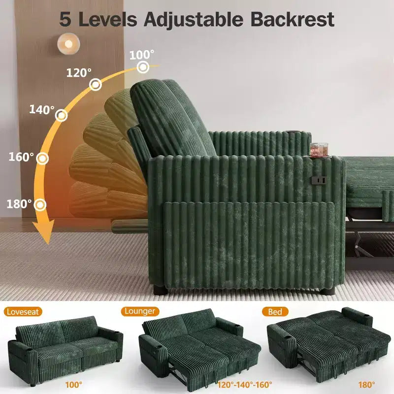 Dyonery 91 Sektional Schlafsofa mit Ausziehbett, verstellbarer Rückenlehne/zwei Ausziehbetten/USB-Anschlüssen/Getränkehaltern, Plüsch-Kordbezug