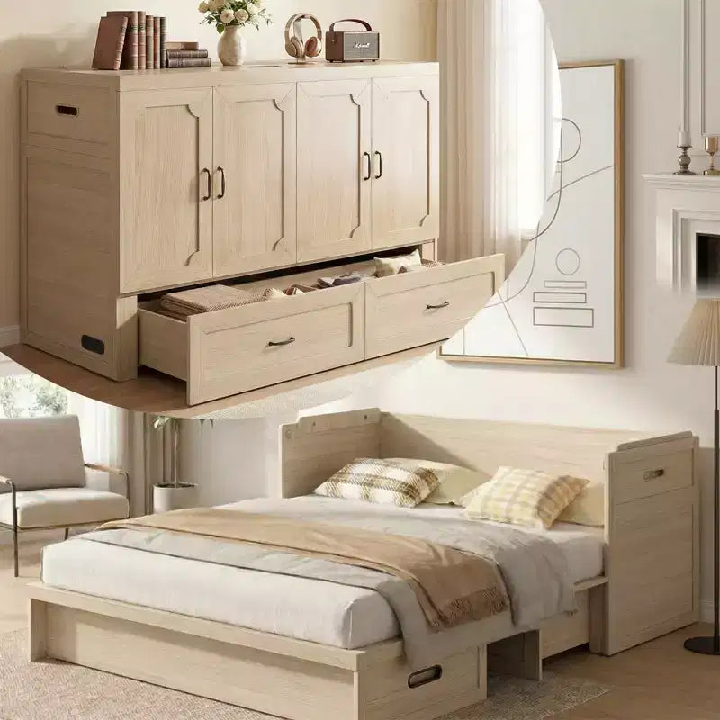 Mjkone Queen-Size-Schrankbett mit Matratze, USB-Ladeanschluss und Aufbewahrungsschubladen
