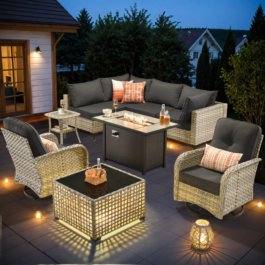 OVIOS 9-teiliges Gartenmöbel-Set aus Korbsessel und Feuertisch