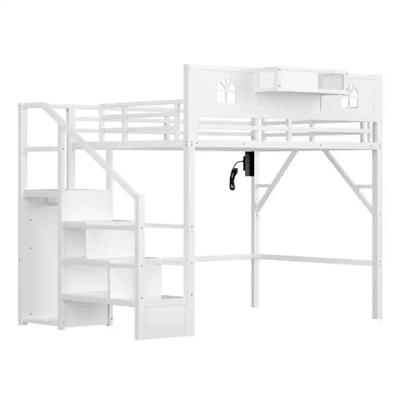 ModernLuxe Hochbett für Full/Queen-Betten mit Treppe und integriertem Kleiderschrank, Metallbettgestell mit LED-Beleuchtung, USB-Ladestation und Ablagefächern