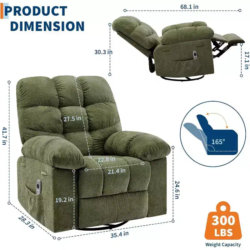 Massage-Liegesessel mit Heizfunktion – 360° drehbarer Schaukelstuhl, überdimensioniertes Einzelsitzer-Sofa mit Vibration, USB-Anschluss und Aufbewahrungstaschen für Wohnzimmer/Schlafzimmer