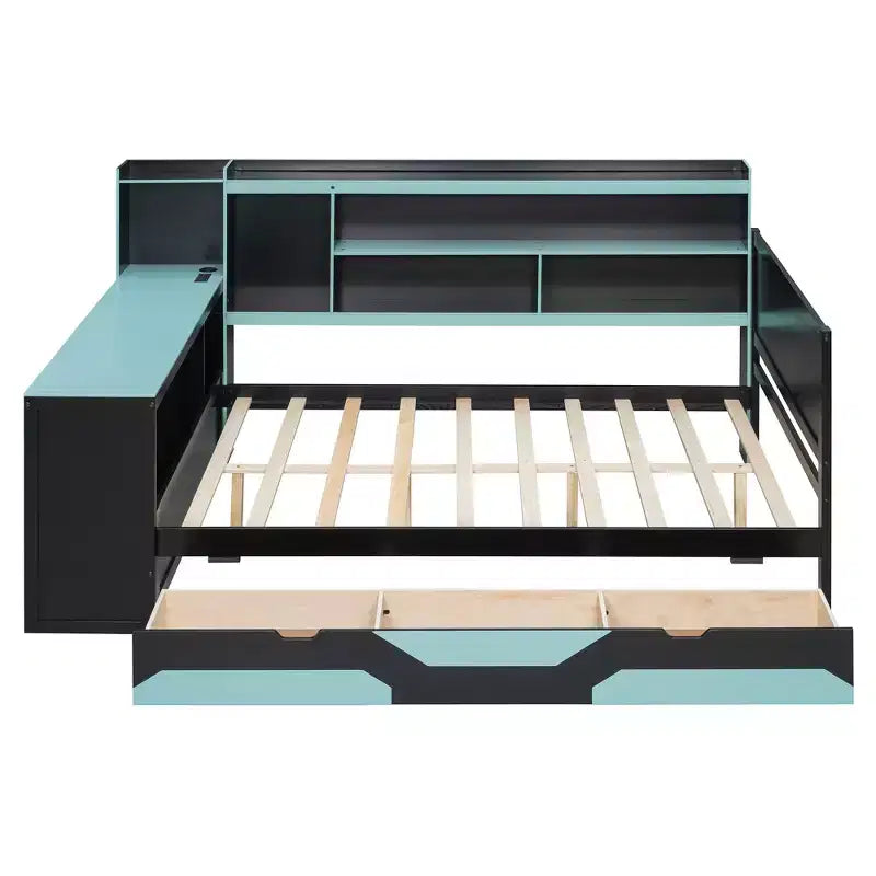 Gaming-Tagesbett (Queen-Size/Full-Size) mit Kopfteilregal, LED-Beleuchtung, integriertem Schreibtisch, Schubladen und Ladestation