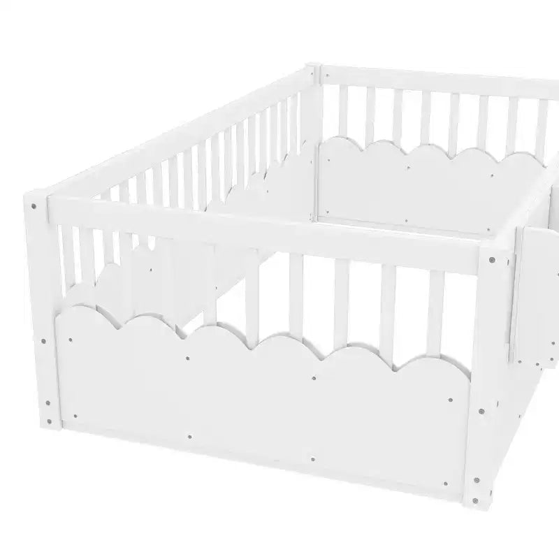 Bellemave Kinder-Bodenbett mit erhöhtem Zaun und Bücherregal, hölzernes Montessori-Bettgestell in Twin-Größe für Mädchen und Jungen