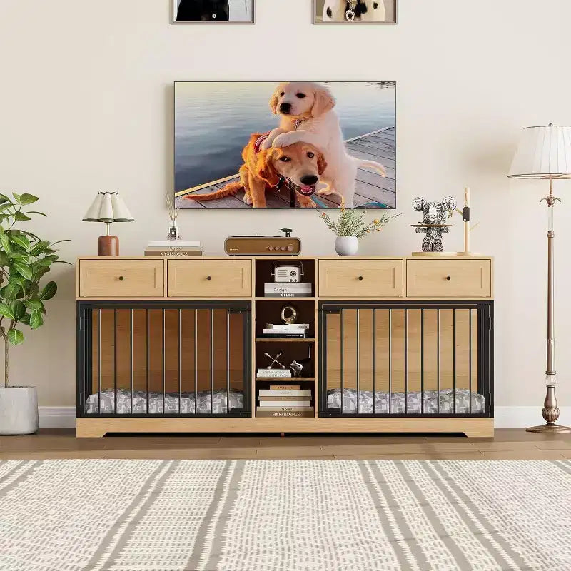 82" Doppel-Hundebox Möbel, großer Hundezwinger für 2 Hunde, robuster TV-Ständer aus Holz mit 4 Schubladen und Regalen