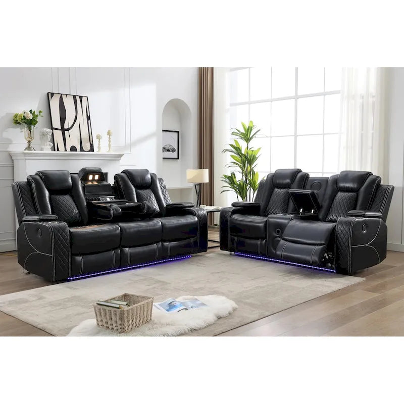 Elektrisches Relaxsofa mit kabellosem Ladegerät, Leselampe für das Wohnzimmer, Kunstleder-LED-Beleuchtung, AC/USB-Anschluss, Getränkehalter, Schwarz