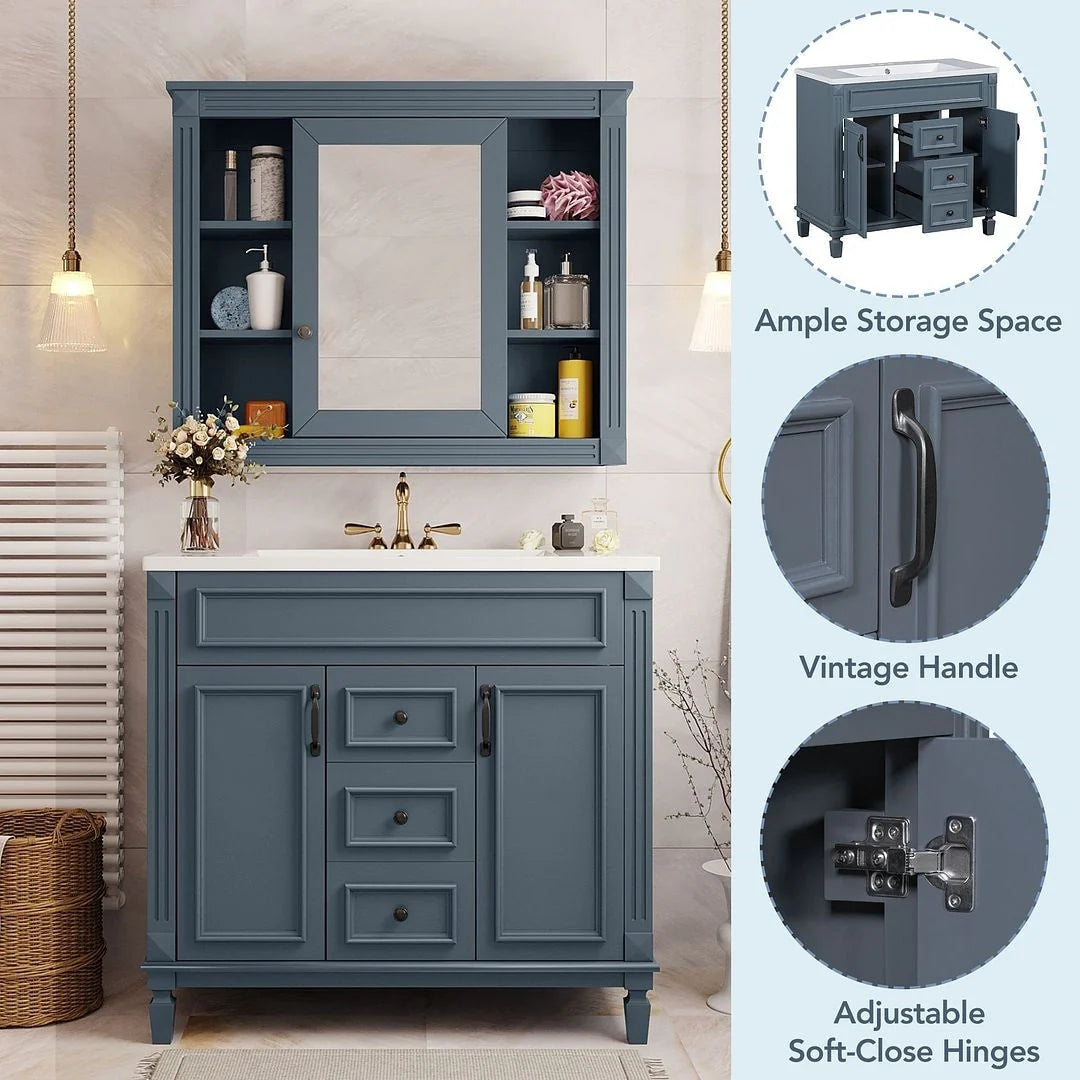 Moderner 36'' Badschrank mit Aufsatzwaschbecken und Spiegelschrank, 2 Türen und 2 Schubladen