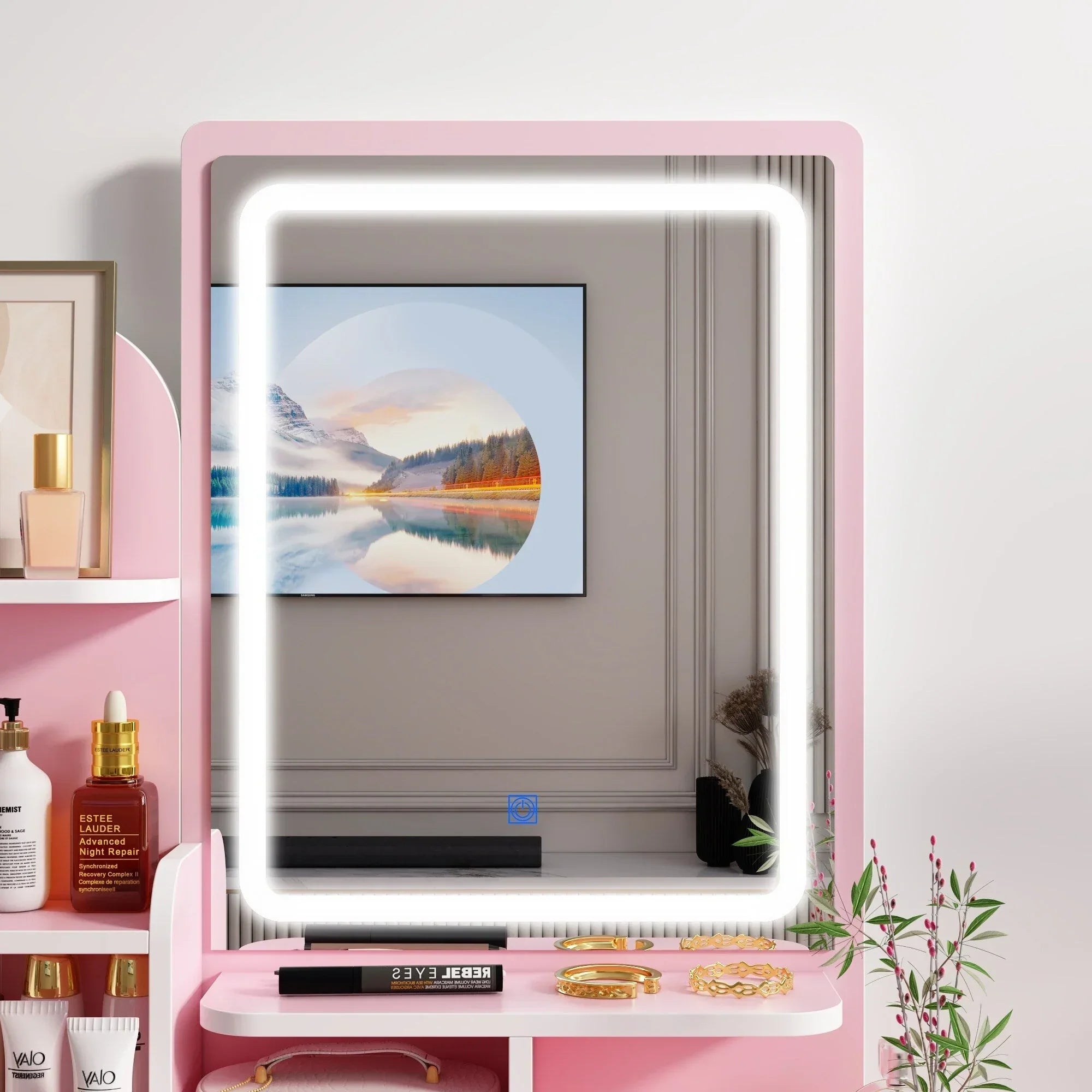 Schminktisch-Set mit LED-Beleuchtung, Spiegel und Hocker