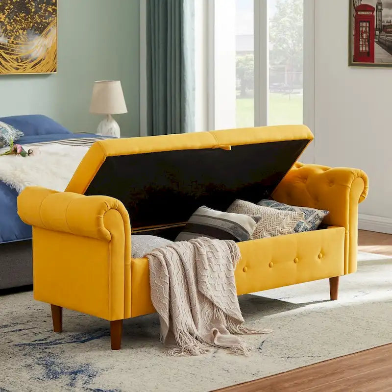 Sitzbank für Schlafzimmer, am Fußende des Bettes, mit gerollten Armlehnen, Samt-Ottomane, lange Bank