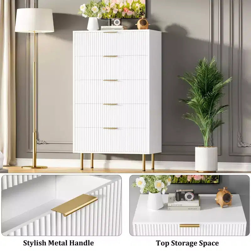Weiß / Marmor & Holz Kommode mit 5 Schubladen – Geriffelte Platte, für 1 Person