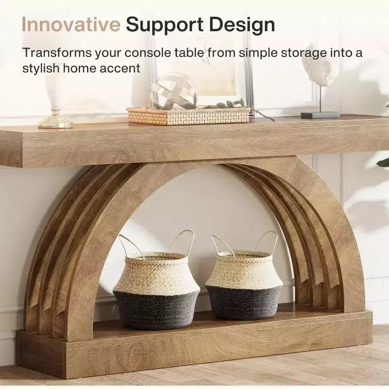 Lantine 63 Zoll Konsolentisch, 2-stöckiger Sofatisch für hinter das Sofa, schmaler einzigartiger Konsolentisch im Landhausstil mit Bogen für Flur, Wohnzimmer, Eingangsbereich, Natur