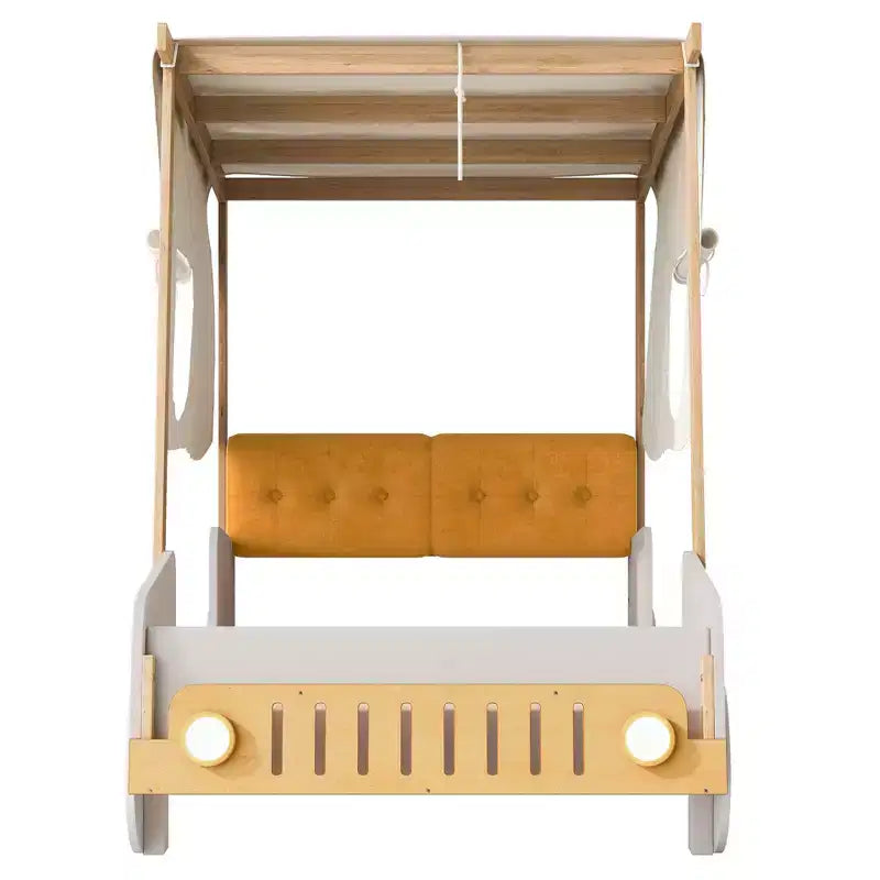 Whisen Holzauto-Bett mit Kissen, Himmelsstoff und LED – Natur