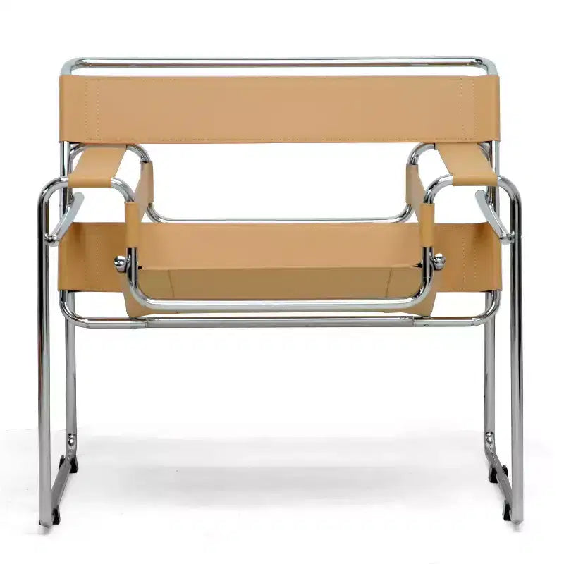 Baxton Studio Jericho Mid-Century Modern Akzentsessel aus Leder, Hellbraun: Chrom-Finish, Bodenschonende Füße, vollständig zusammengebaut
