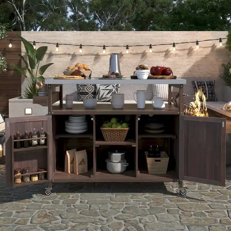 Outdoor-Kücheninsel, rollbarer Barwagen und Aufbewahrungsschrank, Massivholz-Grilltisch mit Edelstahlplatte, Gewürzregal, Handtuchhalter