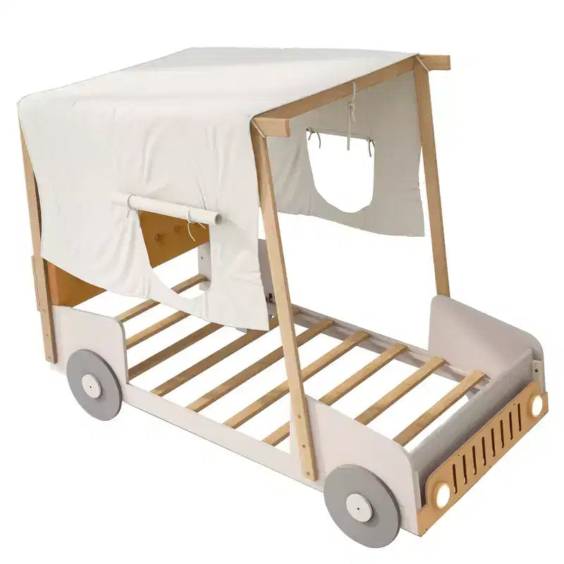 Whisen Holzauto-Bett mit Kissen, Himmelsstoff und LED – Natur